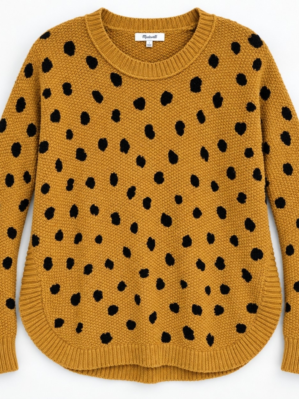 Madewell Small Mustard Black Spotted 100% Cotton Knit Sweater Side Slit